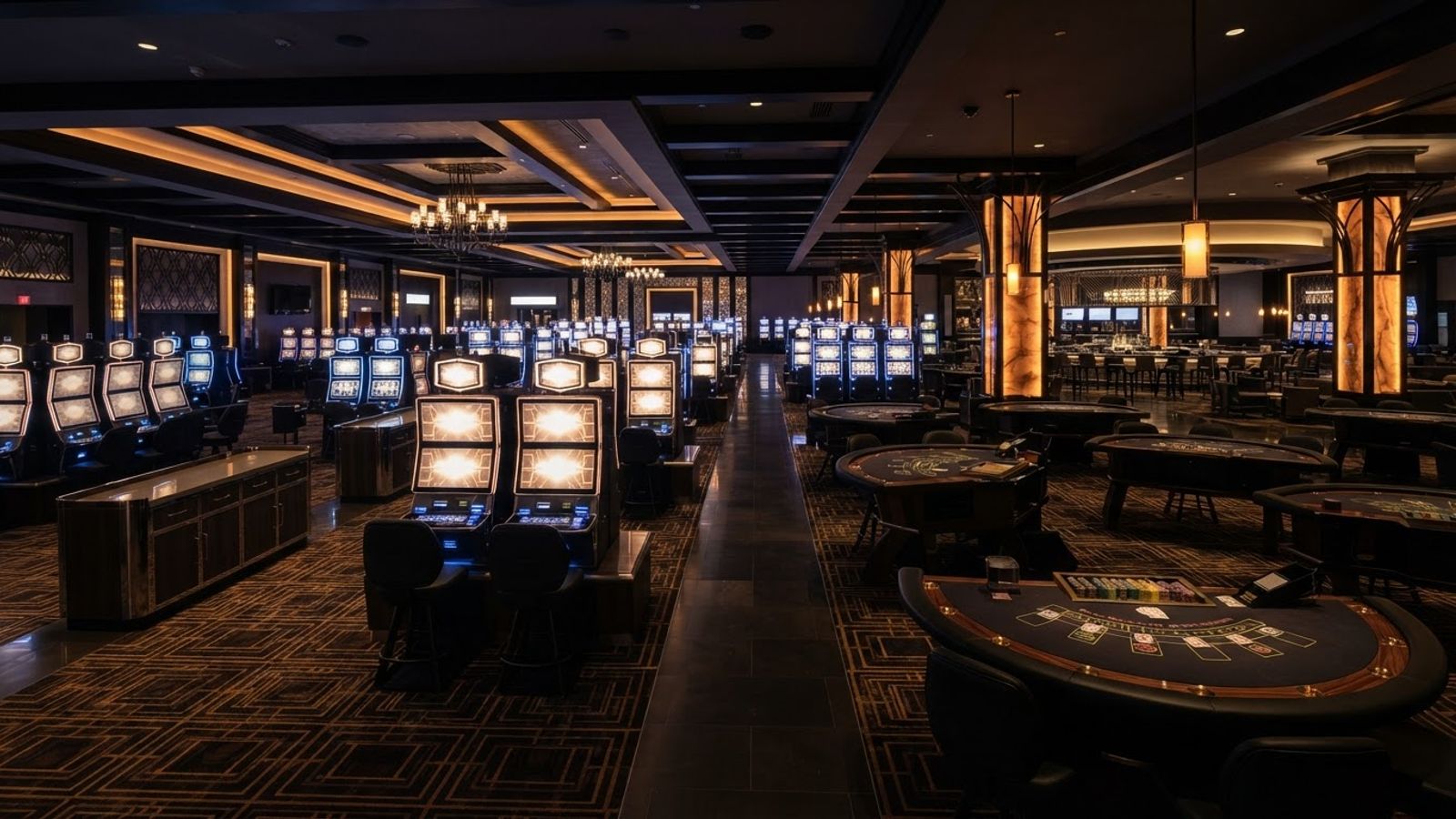 Vue d'ensemble d'une salle de casino moderne aux lumières tamisées